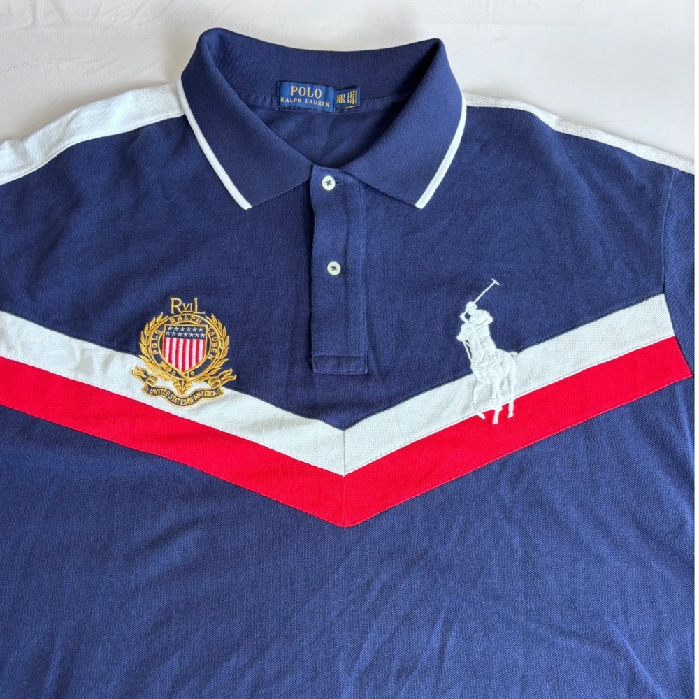 Polo Ralph Lauren Mens 3XLT Navy Blue Colorblock Crest Big Pony Polo Shirt